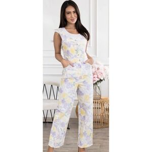 Baevely Floral Denim Jumpsuit Size M The Luminere‎ Yellow Purple Overalls